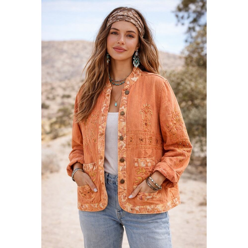 VTG Boho Orange Embroidered Beaded Jacket 2X 100% Cotton Hippie Casual‎ Plus